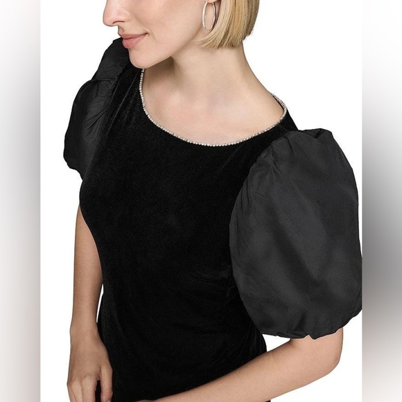 🖤 KARL LAGERFELD PARIS Elegant Black Puff Sleeve Dress - Picture 3 of 16